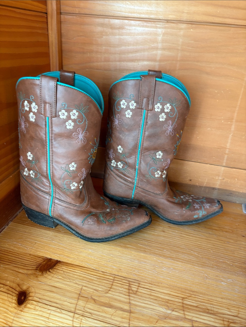 Girls Brown Embroidered Cowboy Boots with Turquoise Lining